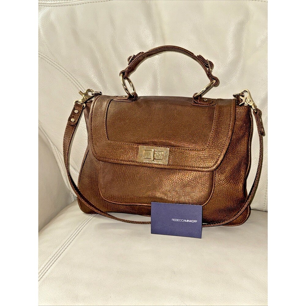 Rebecca Minkoff Satchel Shoulder Bag Leather Shimmering Bronze Brown Top Handle
